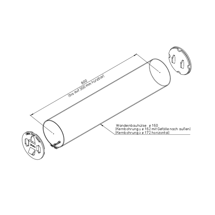 Maße von Wandeinbauhülse lang KWL 45-160 von Helios